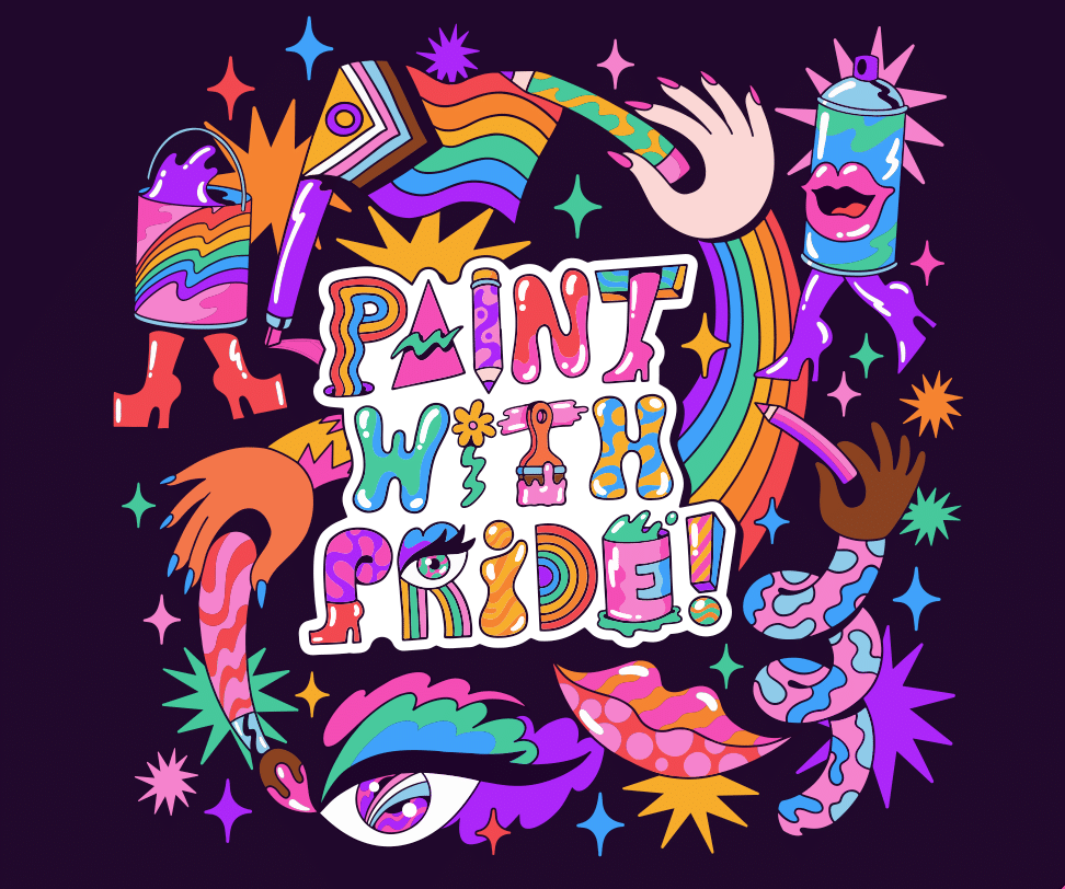 words "Paint with Pride" surrounded by colourful illustrations