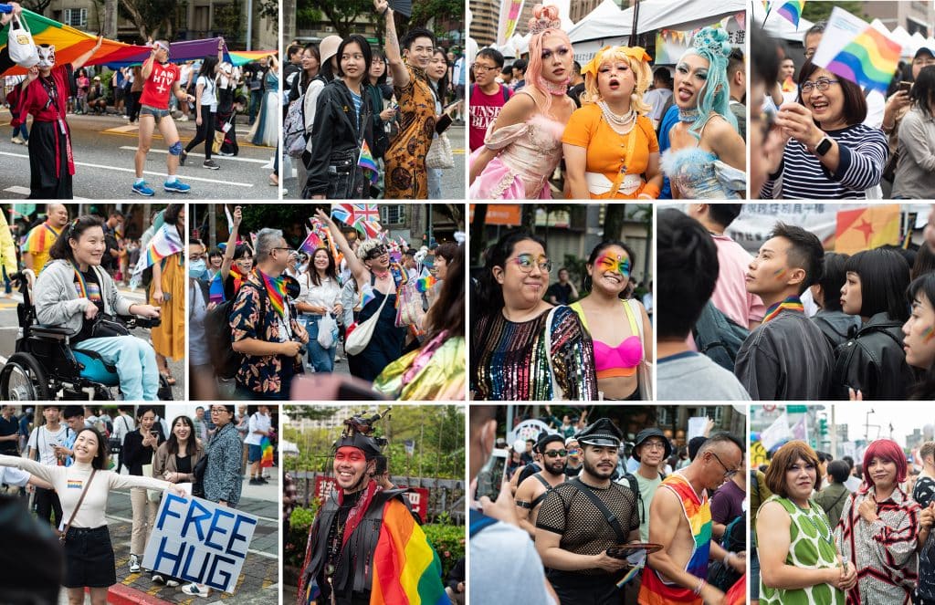 collage of Taiwanese people watching and participating in a Pride Parade